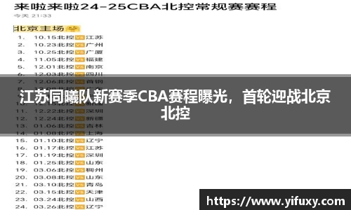 江苏同曦队新赛季CBA赛程曝光，首轮迎战北京北控